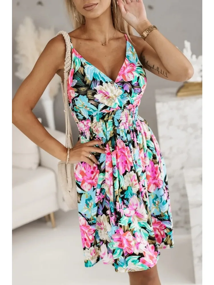 New Fashion Women's  Summer Wrap Pleated Dresses Ladies Floral Print Sexy Spaghetti Strap Sling DressBeach Dress A Line Sundress