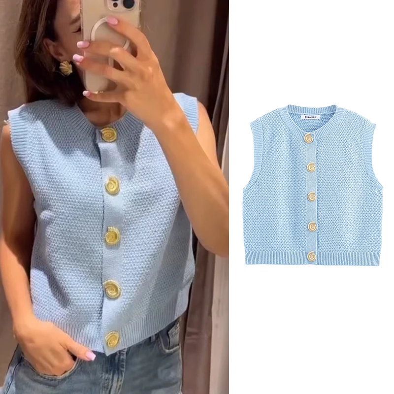 

2025 New Autumn Women's Sweater Vests Fashion Street Warm Women's Elegant Knitted Vests Chic Button Decoration Youth Sweater