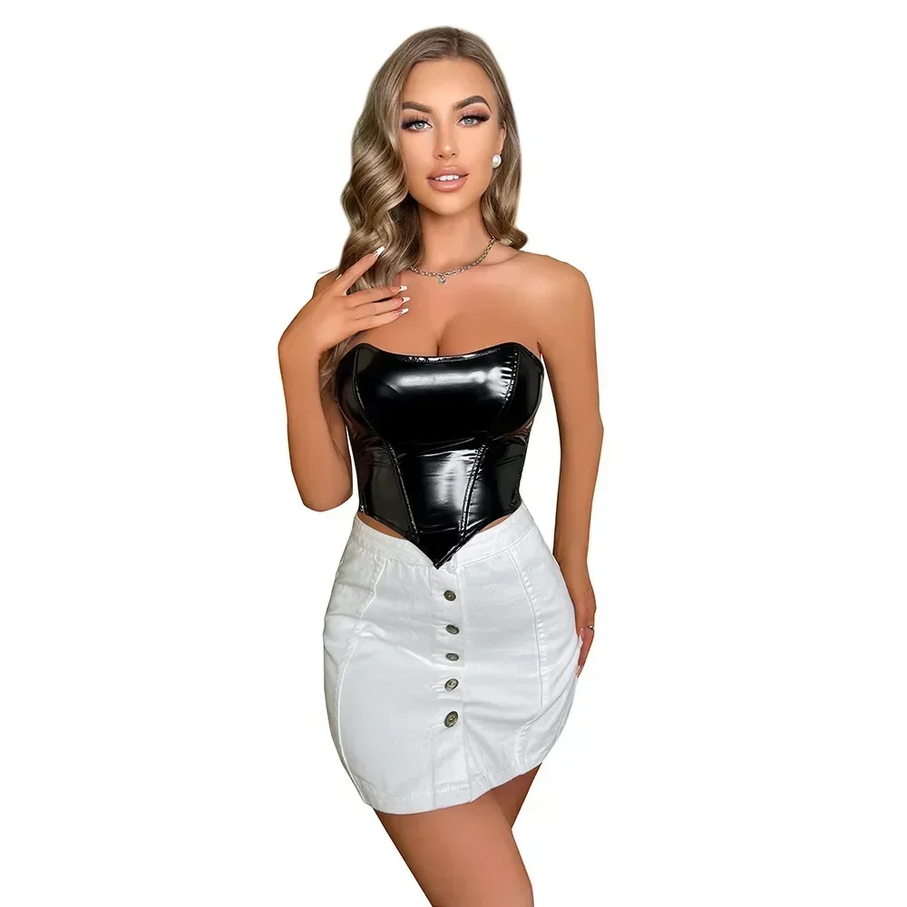 Fashion Women Shiny PVC Leather Corset Bustier Crop Tops Gothic Side Zipper Push Up Corselet