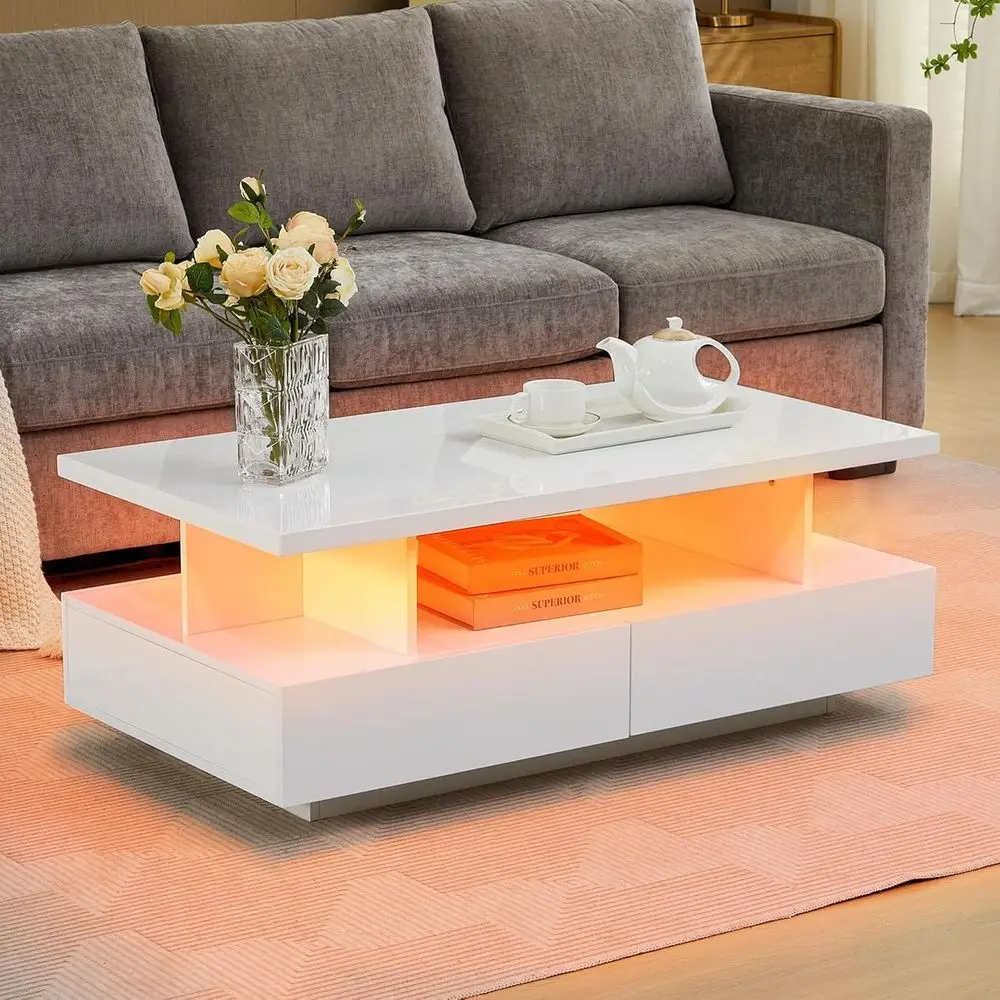 

Modern LED Coffee Table with 4 Drawers, Glossy White Rectangle Center Table for Living Room Storage