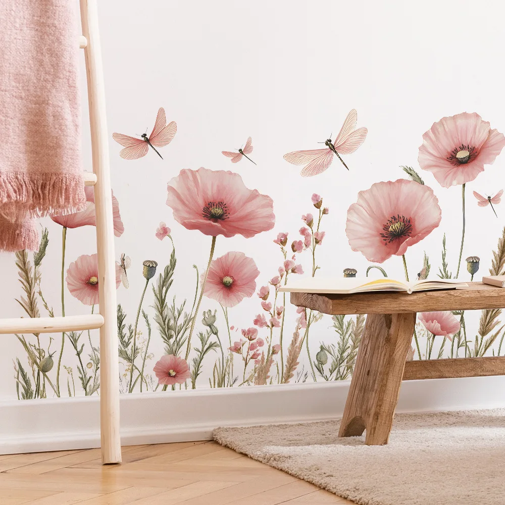 Pegatinas de pared de libélula con flores rosas de acuarela, decoración de fondo para sala de estar, Mural, dormitorio, decoración del hogar, calcomanías autoadhesivas