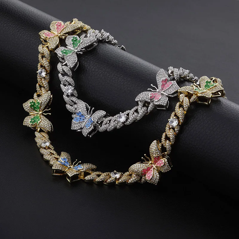 Hip Hop 3A+ CZ Stone Pave Bling Iced Out Butterfly Inlay Cuban Link Chain Chokers Necklaces for Women Luxurious Charm Jewelry