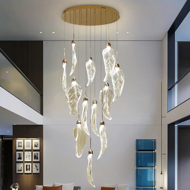 Creative Led Chandelier For Staircase Leaf Design Home Decor Lights Luxury Gold Lamp Modern Acrylic Living Room Lustre Fixtures