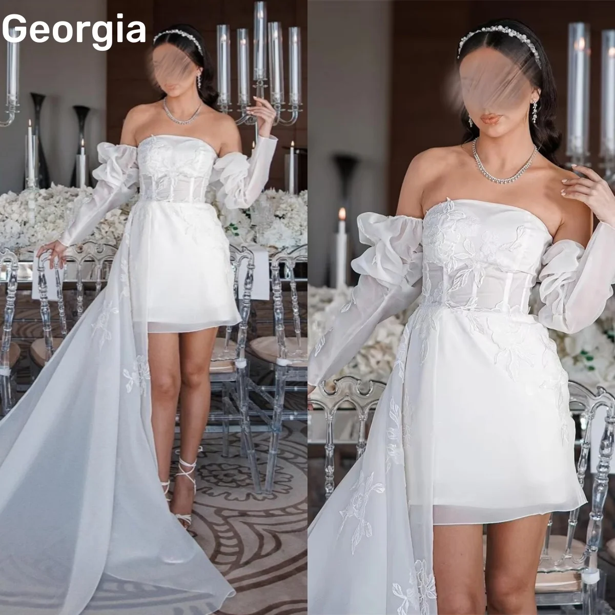 Elegant Evening Dresses Customize Flowers Strapless Floor-Length Dresses For Special Events Zipper Up Mini Long Sleeves Vestidos