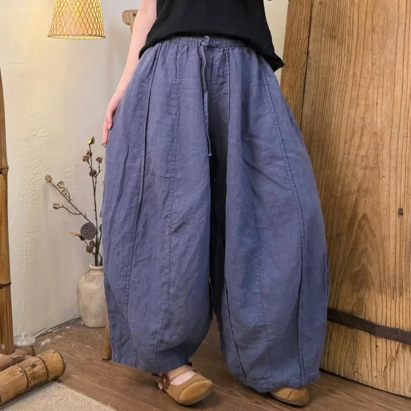 

Spring Summer Arts Style Women Elastic Waist Spliced Cotton Linen Wide Leg Pants All-matched Casual Loose Trousers Good Quality