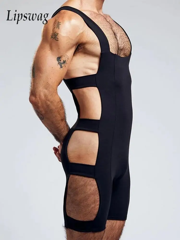 Sexy Hollow Out Slim Elastic Jumpsuits Men Summer Fashion Solid Color Shorts Bodycon Mens Nightwear Stylish Sleeveless Bodysuits