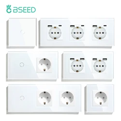 BSEED-Enchufes de pared de la UE, toma de corriente individual, enchufes dobles, USB tipo C, Panel de vidrio de carga, Interruptor táctil de pared, protección para niños