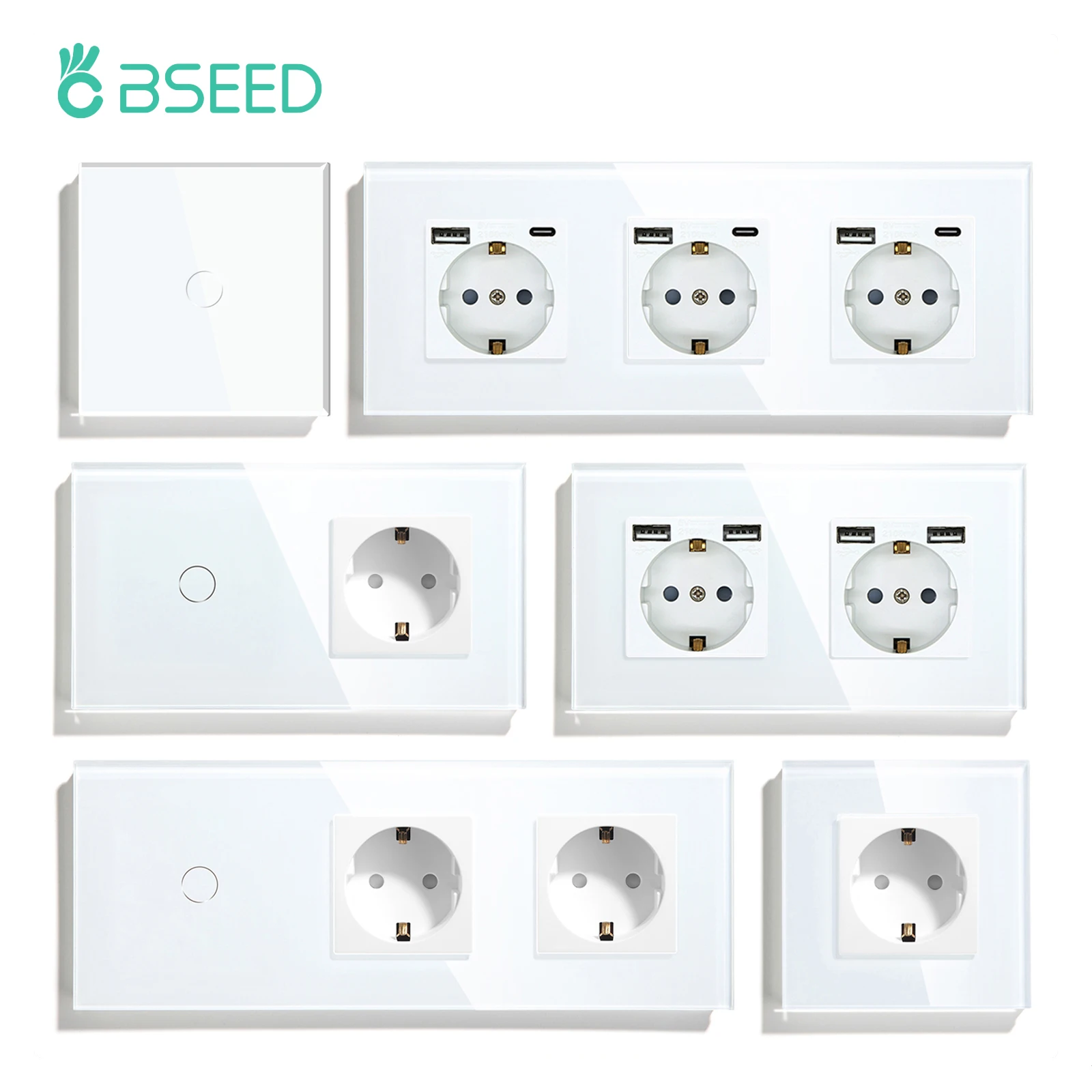 Gniazdo elektryczne BSEED, pojedyncze, wtyczki EU, podwójne gniazda, ładowanie USB Type-C, szklany panel, 1-drożny włącznik dotykowy, zabezpieczenie przed dziećmi.