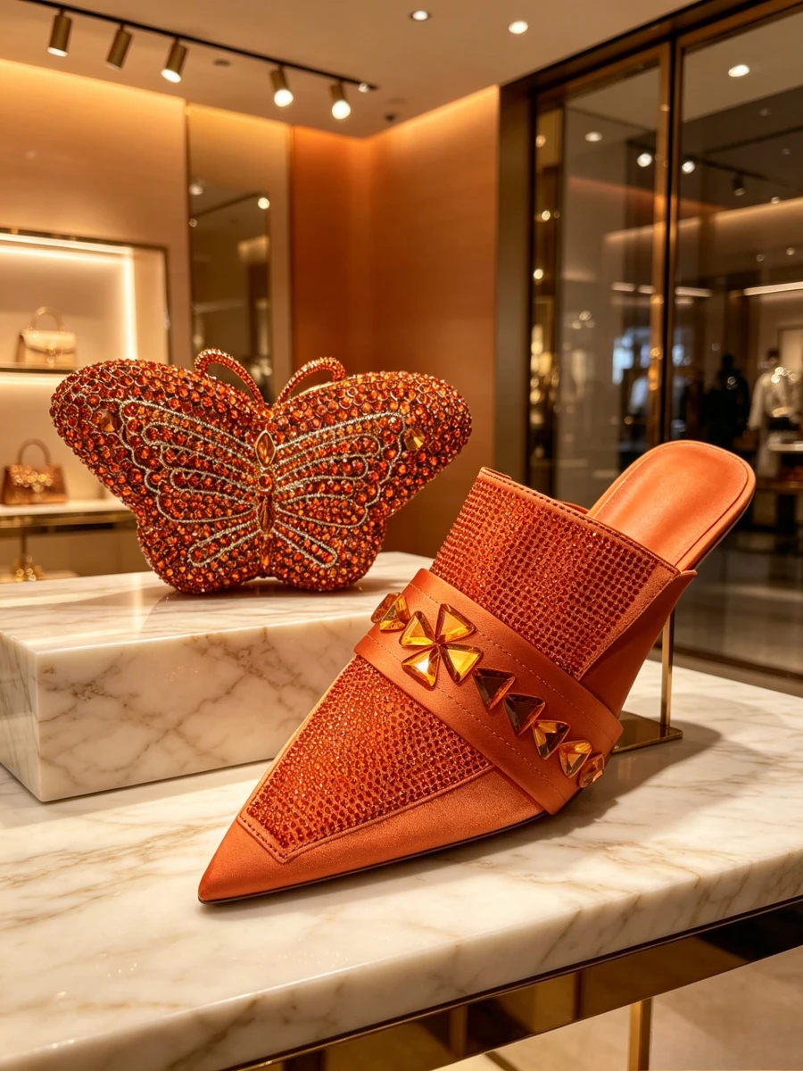 Conjunto de Zapatos de Tacón y Bolso de Mano para Fiesta y Noche, Modelo 2026, con Pedrería de Mariposa Roja Anaranjada, Tacones de Mule con Gema Triangular de Satén a Juego
