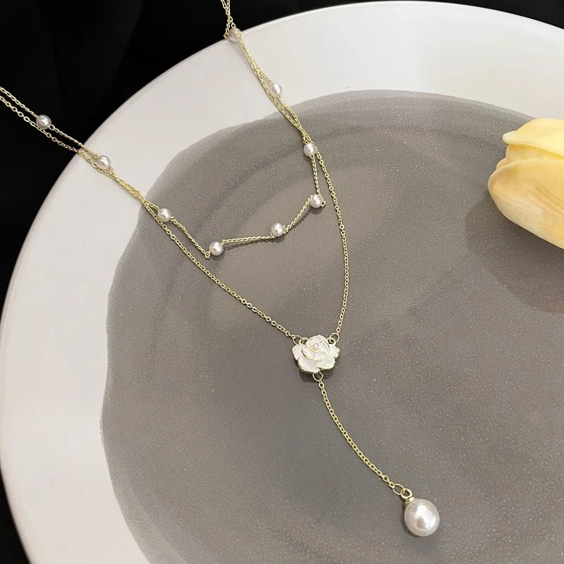 Colar de pérolas com borla de camada dupla feminino nova corrente de clavícula de camélia luz luxo acessórios de corrente de pescoço de alta qualidade