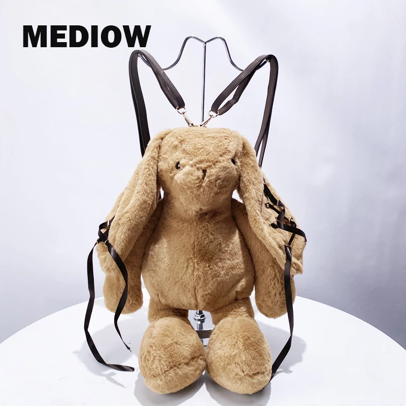 MEDIOW Faux Fur Cartoon Rabbit Backpacks For Women Luxury Designer Handbags And Purses 2024 New In Scarf Plush Doll Shoulder Bag