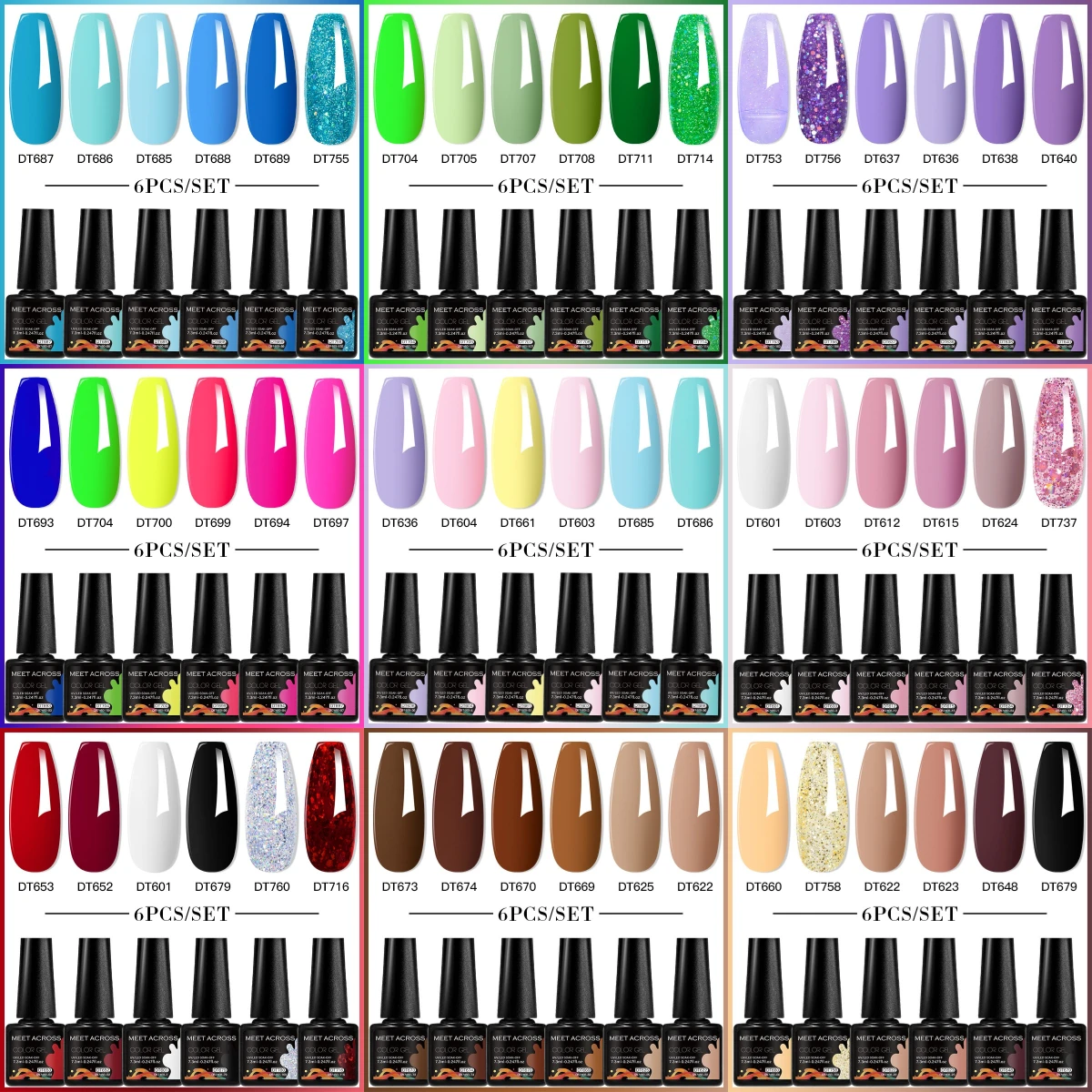 MEET ACROSS 6PCS Zestaw lakierów żelowych do paznokci Fioletowy Niebieski Wiosna Lato Wszystko do dekoracji UV Gel Vernis Długotrwały manicure do paznokci