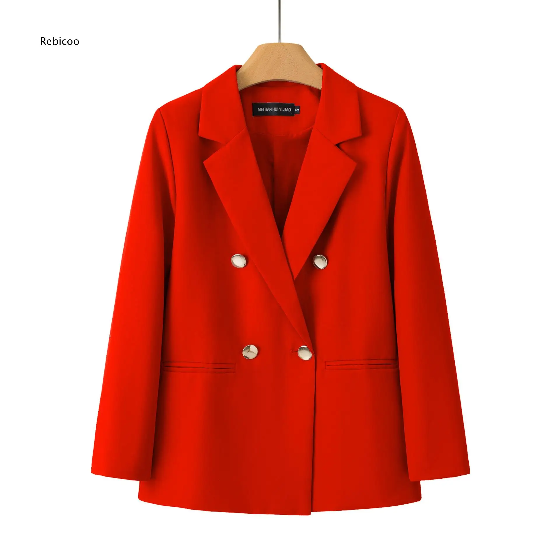 Women Double Breasted Blazer Notched Lapel Long Sleeve Metal Buttons Side Pockets Loose Suit Jacket For Office Daily Outfit