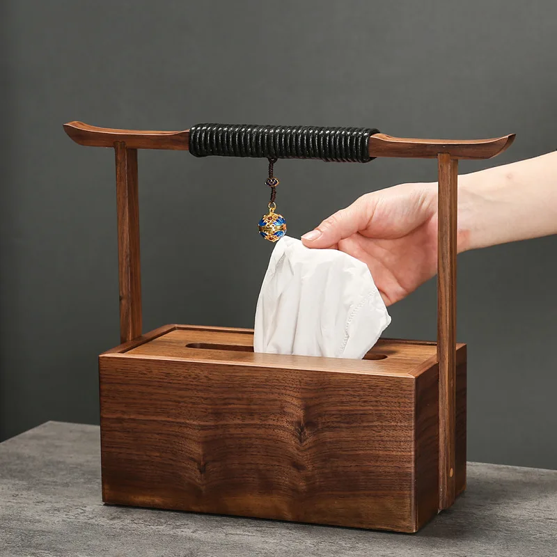 

Solid wood tissue box, oak walnut log, Chinese retro handle, extraction storage cabinet