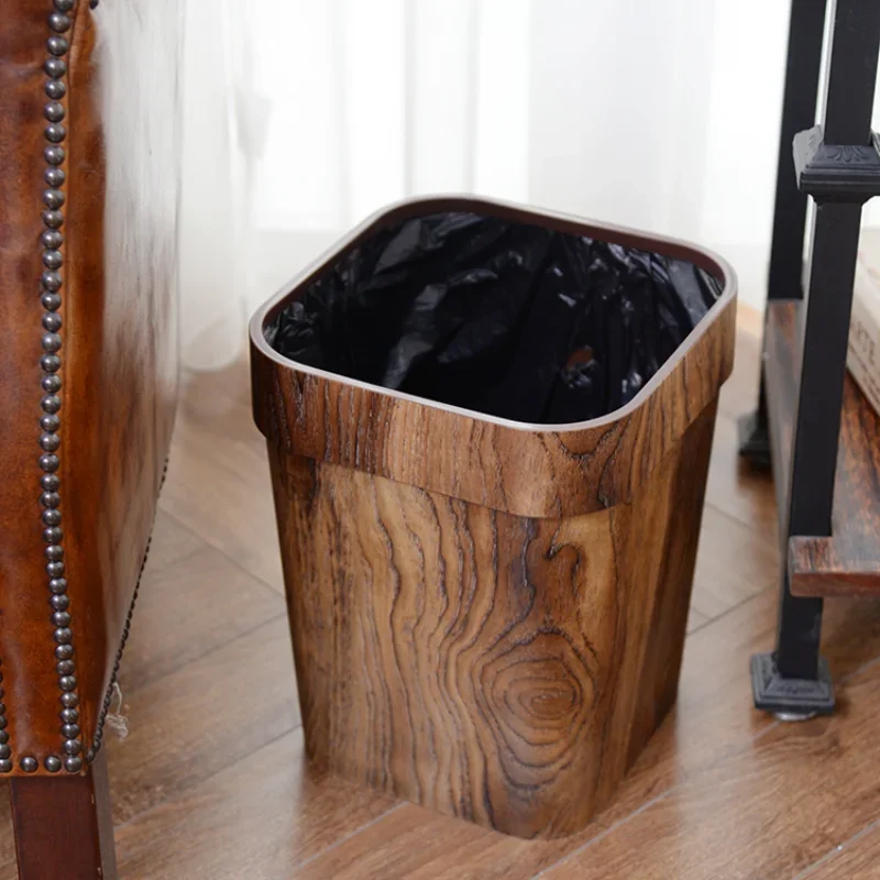 Retro imitation wood grain trash can household creative paper basket plastic with pressure ring without lid large