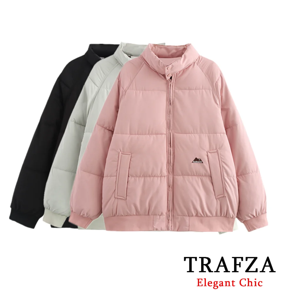 TRAFZA Women Fall Winter Padding Jacket Coat Three-Color Stand Collar Zipper Oversized Jacket New Fashion Casual Versatile Coat