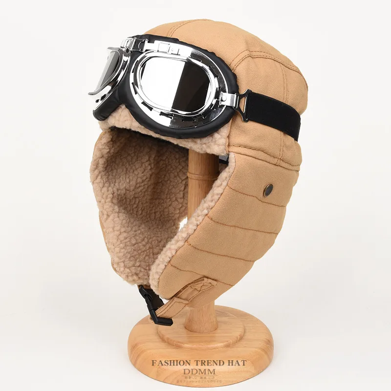 Winter Bomber Hat With Goggles Men Women Outdoor Motorcycle Windproof Warm Faux Fur Pilot Earflap Hat Fashion Thermal Ushanka
