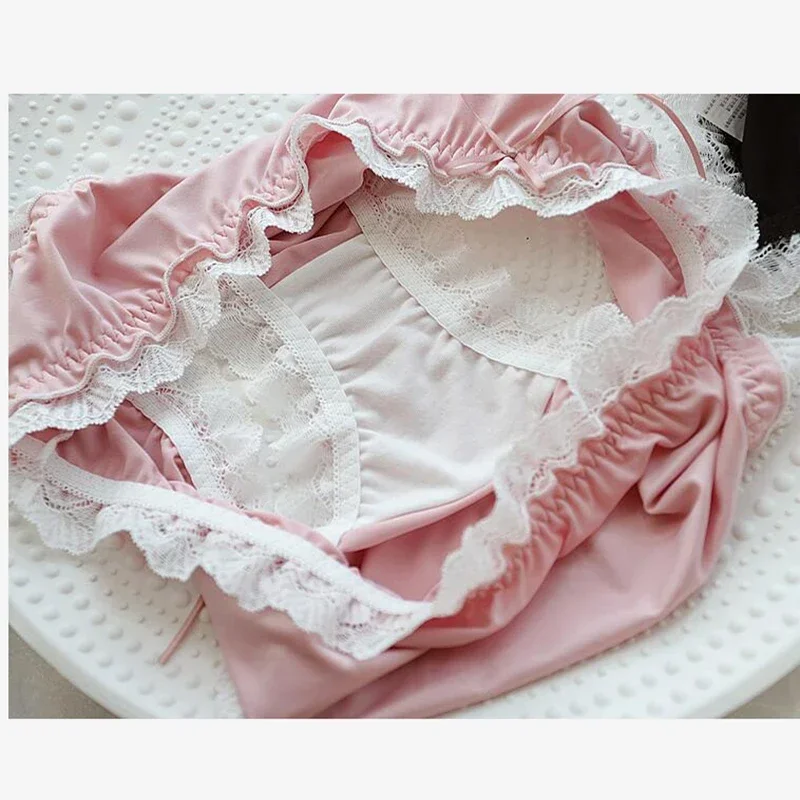 4XL Large Size Women Cute Lovely Sweety Japanese Style Lolita Cosplay Panties Sexy Lace Milk Silk Soft Ruffles Underwear Breifs