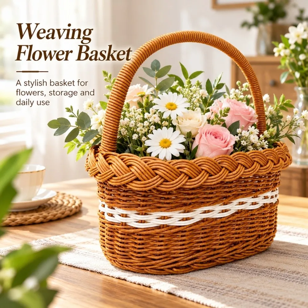 with Handle Imitation Rattan Handhold Household Handwoven Braid Storage Baskets 2 Sizes Retro Weaving Flower Basket