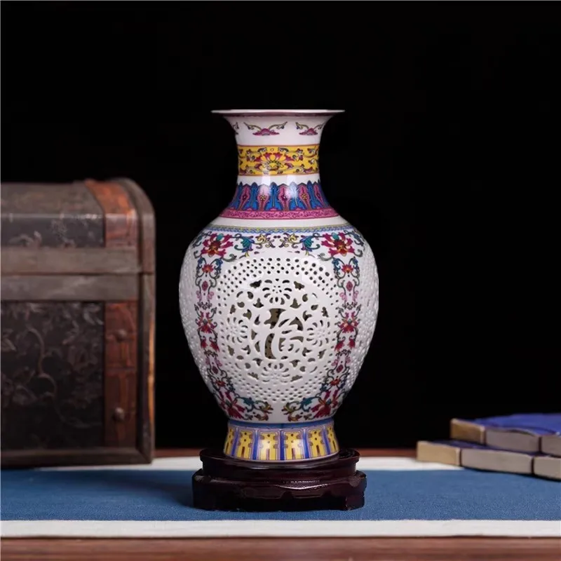 

Jingdezhen Porcelain Hollowed-Out Powder Blue Small Vase Living Room Home Decor Modern Classic Craftwork Sculpture