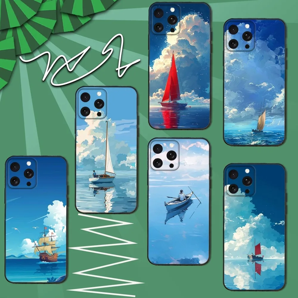 

Sailing Ship Boat Phone Case For iPhone 16e,16,15,14,13,12,11,Pro,X,XS,Max,XR,Plus,Mini Soft Black Cover