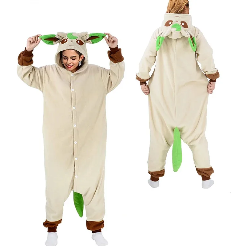 Leafeon macacão kigurumi para mulheres pijamas pijamas de uma peça adulto halloween roupas de corpo inteiro natal cosplay traje