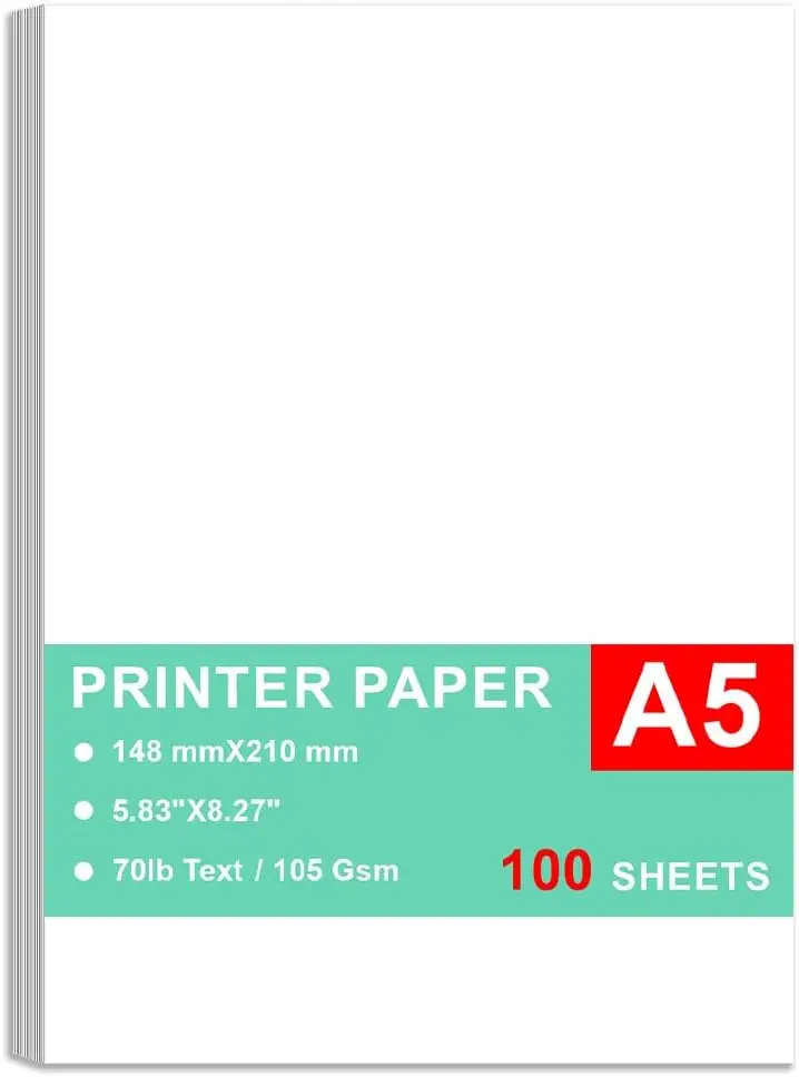 

Бумага A5 Premium Bright White, 100 листов, 28lb Bond / 70lb Text (105 г/м²), идеально подходит для копирования, печати, письма.