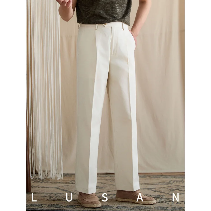 Men's Summer Commuting Washed Cotton Mid-High Waist Straight Pants Vintage Japanese Style Breathable Trousers