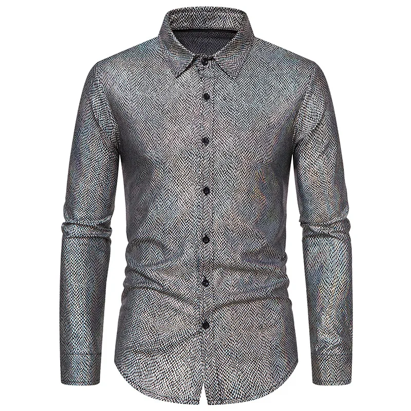 Luxury and Fashionable Men\'s Sequin Metal Dress 2024 New Long Sleeved 70\'s Disco Party Shirt Stage Performance Men\'s Shirt