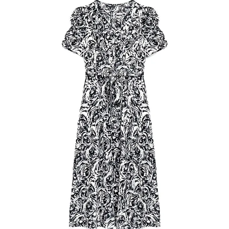 2023 Summer New Style Temperament Women\'s Clothing Lacing Fashion V-Neck Printing Short Sleeve Splicing Pockets Slim Midi Dress