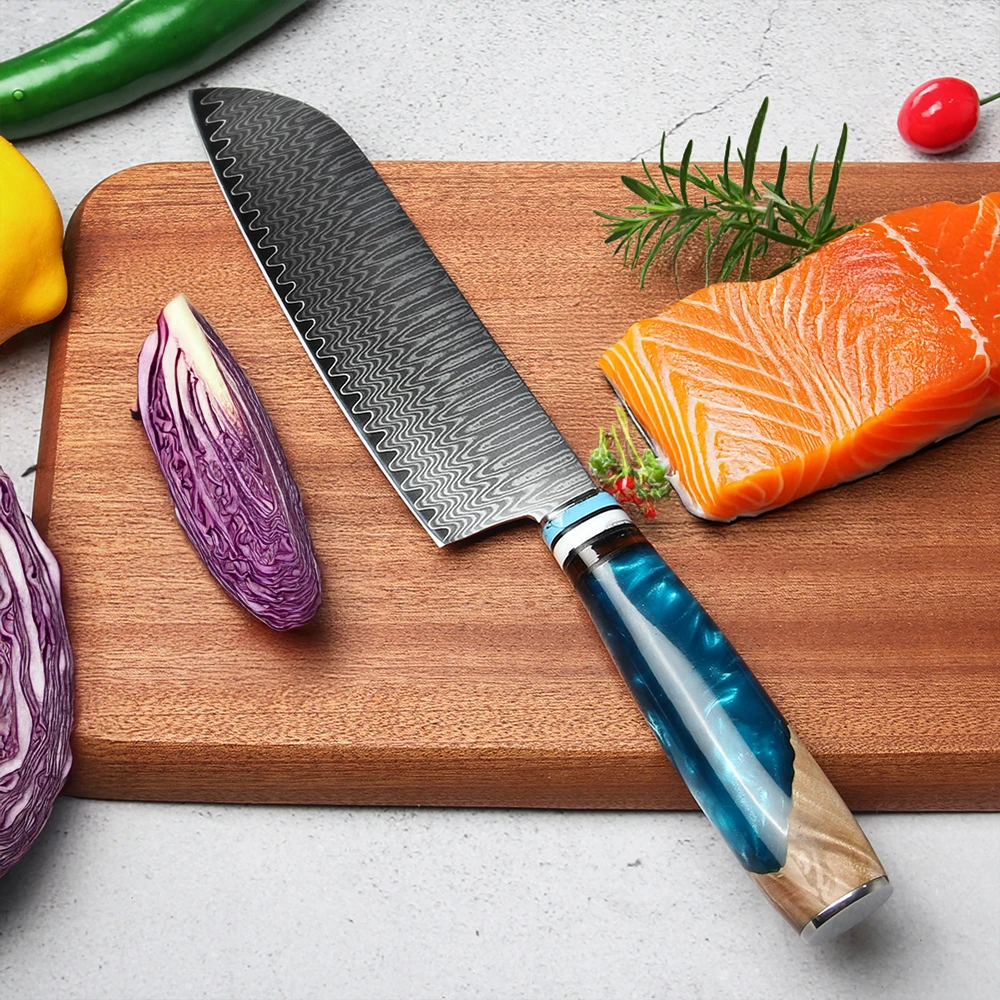 Santoku-Messer, Damaststahl mit blauem Griff, multifunktionales VG-10-Damast-Küchenmesser für professionelle und Amateurküchen. – Detail 6