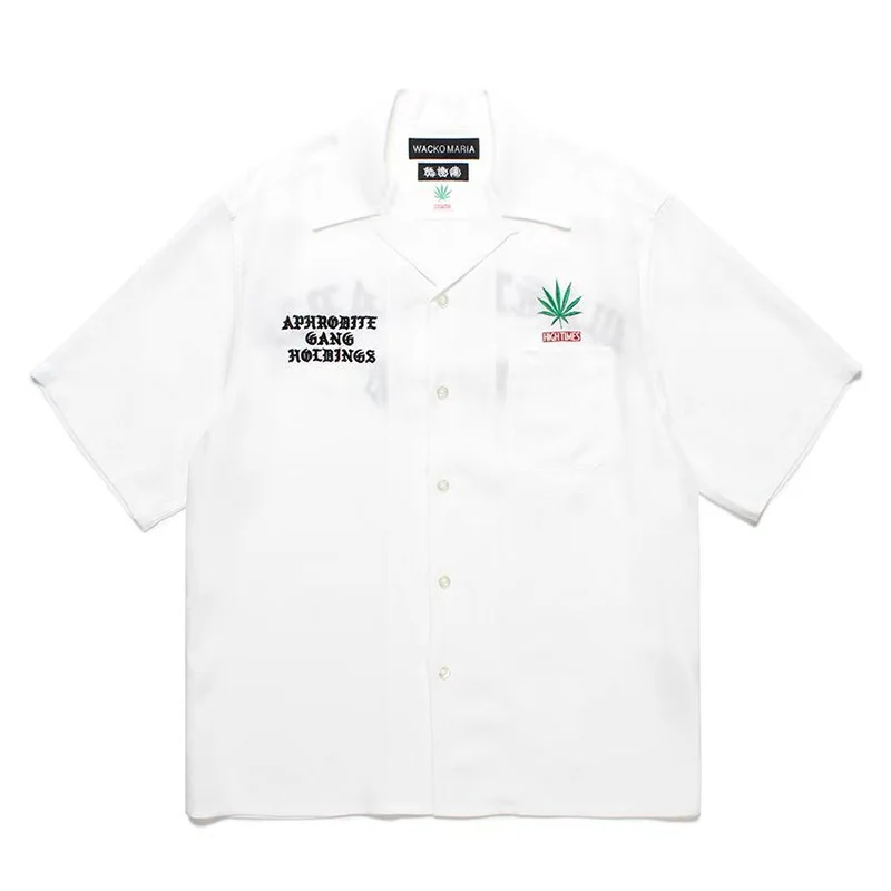 Trend Latest Mens Womens WACKO MARIA 25ss New Solid Colour Embroidered Maple Leaf LOGO Hawaii Short Sleeve Shirt