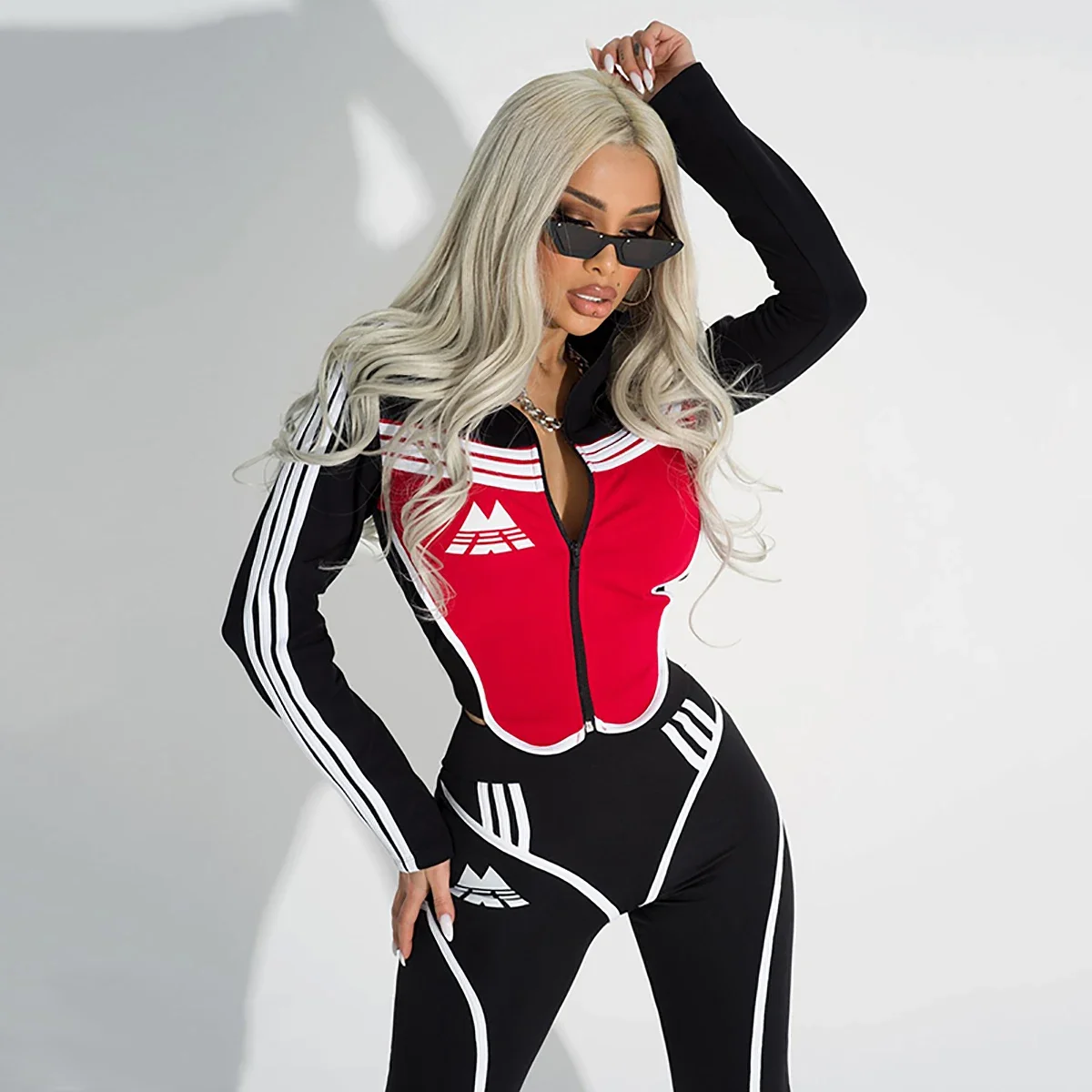 Oshoplive Female Sports Yoga Two Piece Sets Outfits Fashion Striped Color Block Zipper Tops & High Waist Skinny Pants Sportswear