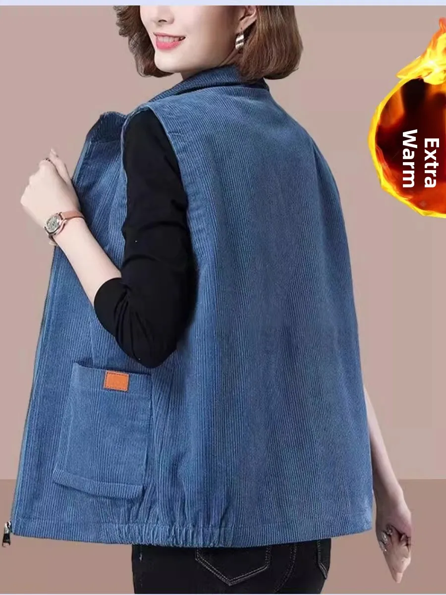 Chaleco de pana grueso y holgado para mujer, ropa de abrigo de invierno, forro polar cálido, manga larga, cintura alta, estil...