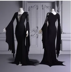 Middeleeuwse Vampier Zwarte Veterjurk Gewaad Voor Vrouwen S-5XL Sexy Heks Ghost Halloween Kostuum Morticia Addam Gothic Maxi Jurk