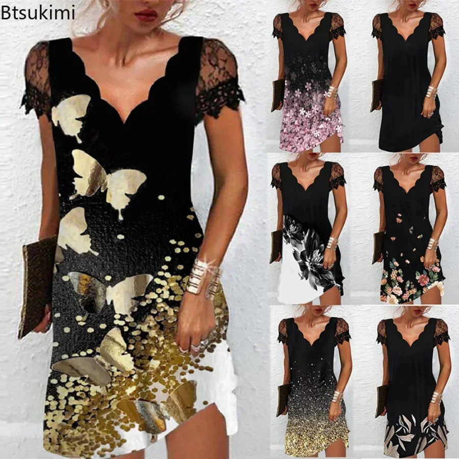 New2024 Women's Summer Casual Dress Oversized Lace Design Short Sleeve Wave V-neck Mini Dress Female Black Party Dress Vestidos