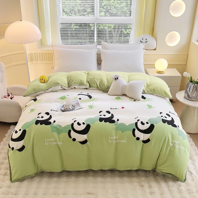 

Cute Pandas Duvet Cover 100% Cotton Bedding for Kids Boys Girls Teens Cartoon Animals Sage Green Milk Velvet Comforter Covers