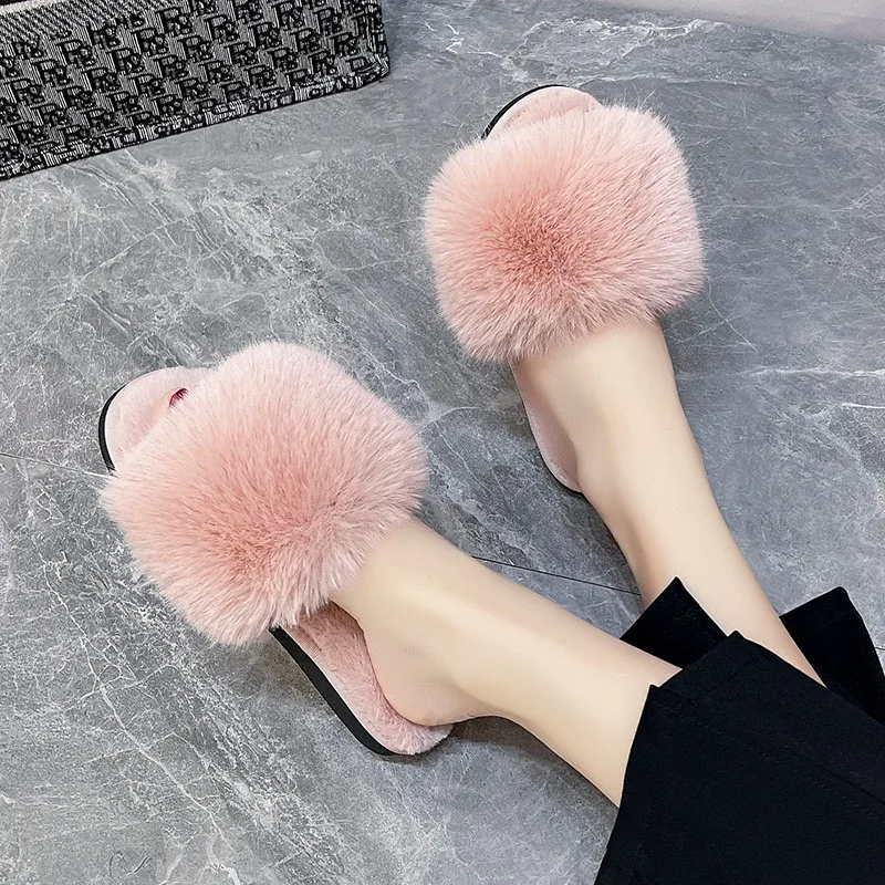 New Woman Slippers Winter Simple Word Fur Flats Soft Home Women Slippers Faux Fur Warm Bedroom Leisure Female Shoes