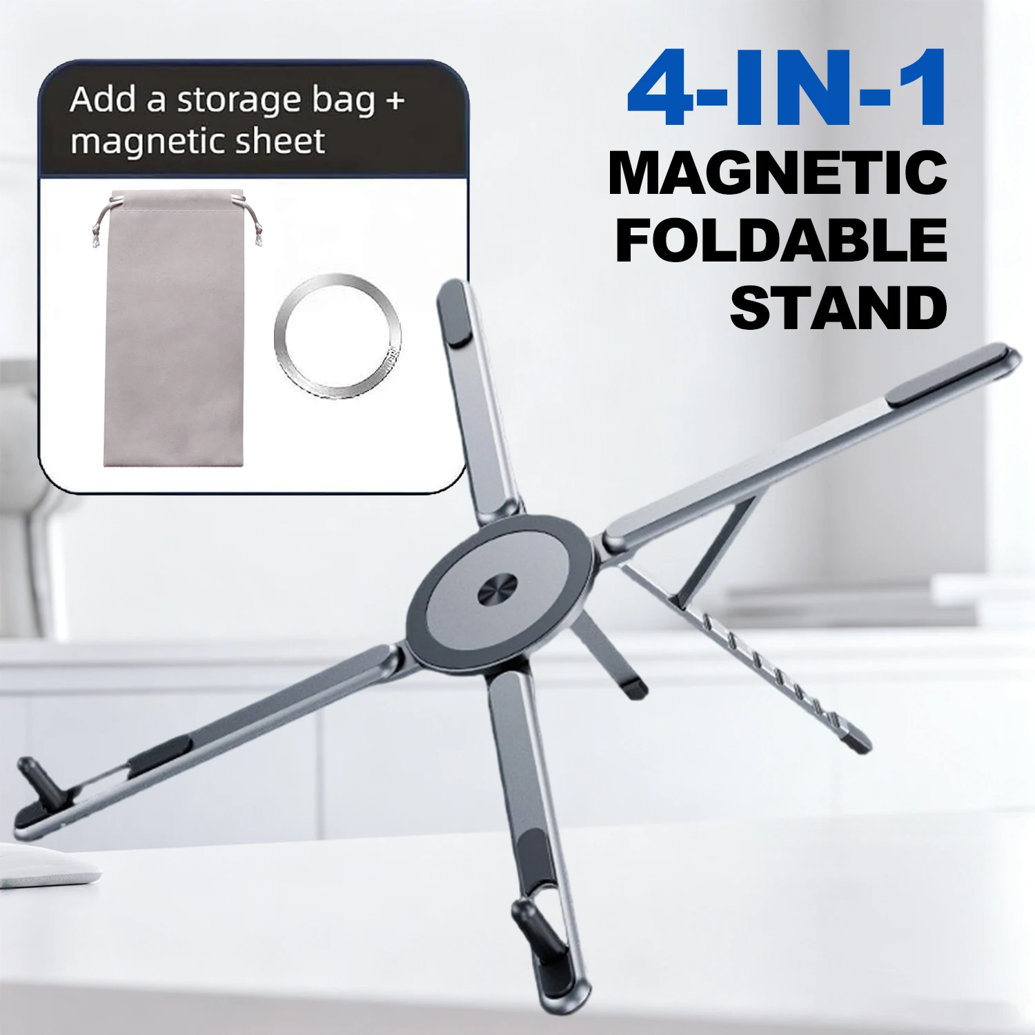 180 ° Supporto regolabile e girevole con tasca, dispositivo magnetico pieghevole, supporto leggero e portatile con diverse modalità di utilizzo, per telefoni, tablet e laptop compatibili con