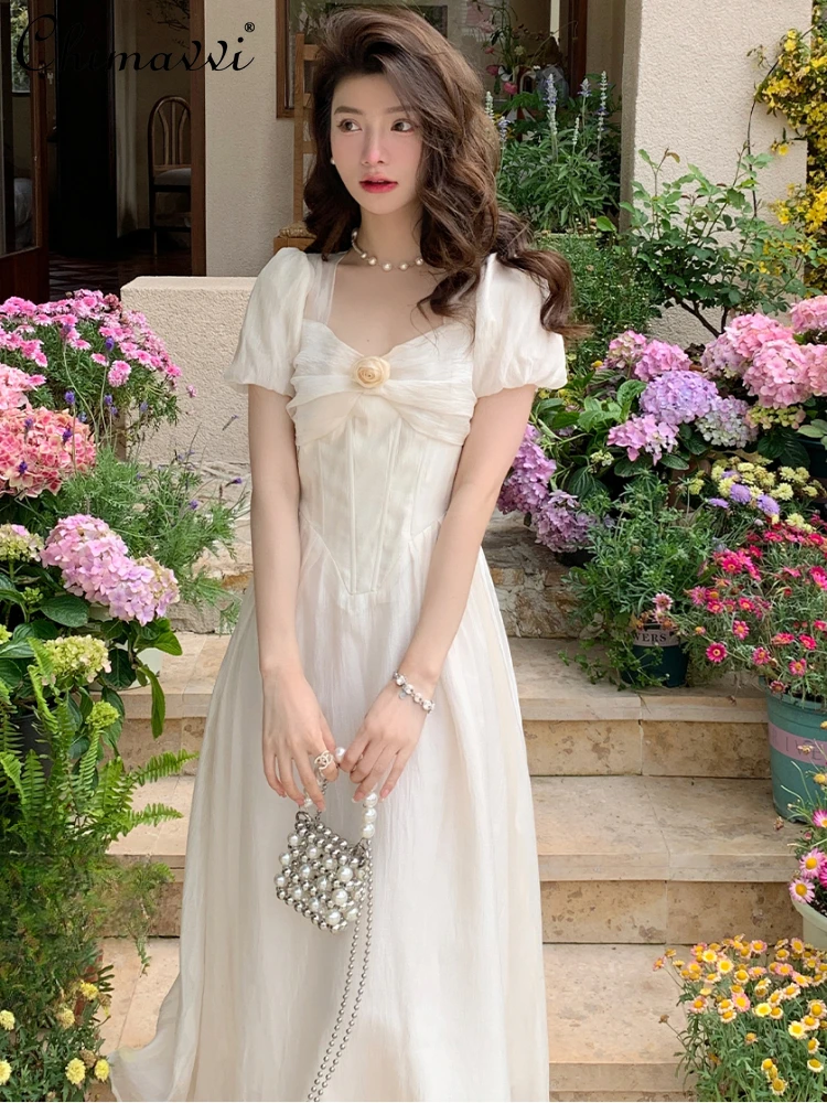 French Style Gentle Fairy 3D Rose Brooch Square Collar Puff Short Sleeve High Waist Slim Fit A-Line Elegant Lone Dress Women