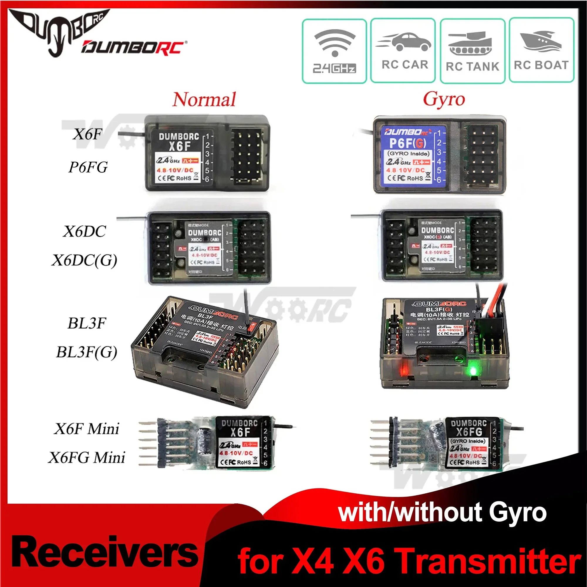 

DUMBORC X6F P6FG X6DC X6DCG BL3F(G) 6CH 6 Channel Receivers Gyro for X6 X4 Transmitter Remote Controller RC Car Light Control