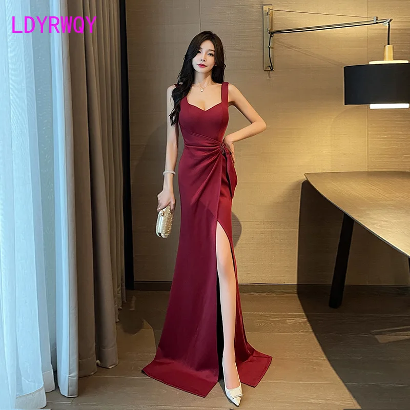 2023 New Sexy Low Chest Wrapped Hip Split Floor Sweeping Women\'s Long Dress Temperament Slim Fit Banquet Evening Gift Dress