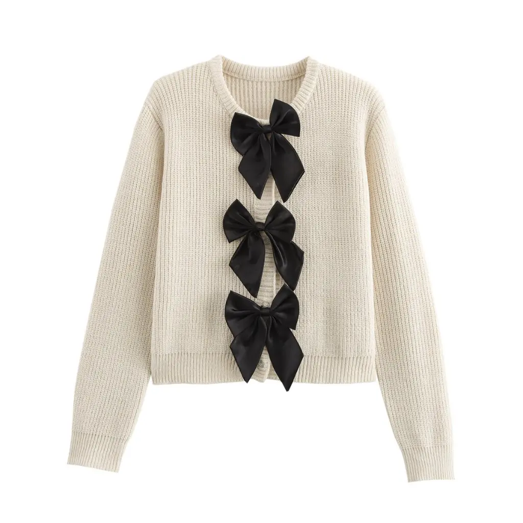 

Women's round Neck Bow Long Sleeve Knitted Cardigan European American Street Fashion New Arrival Wholesale