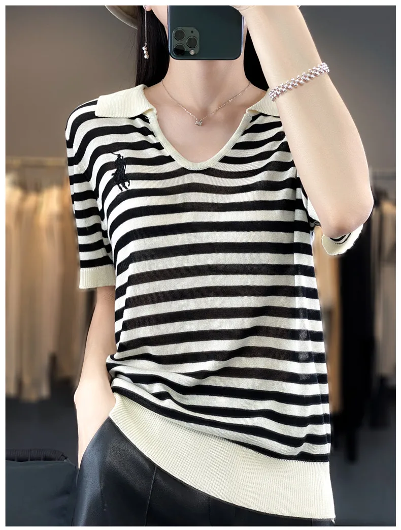 New Embroidery Loose Short Sleeve Striped T-shirt Summer Women\'s Fashion Short Sleeve Top