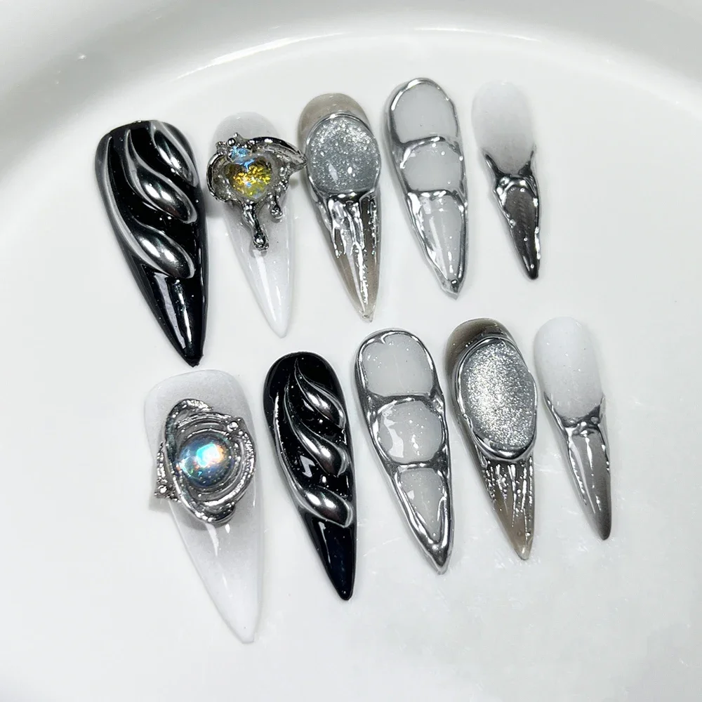 10Pcs Y2K Punk Style Handmade Long Stiletto Coffin Press On Nails Silver Magic Mirror Powder Flowers Butterfly Full Cover Nail
