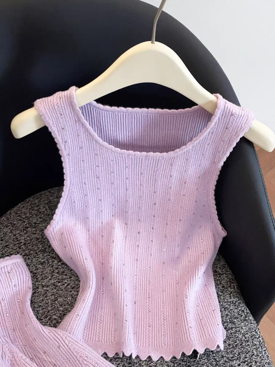 Women Nail bead fashion knitted set o-neck sleeveless short knit tops + elasticity high waist mini skirt