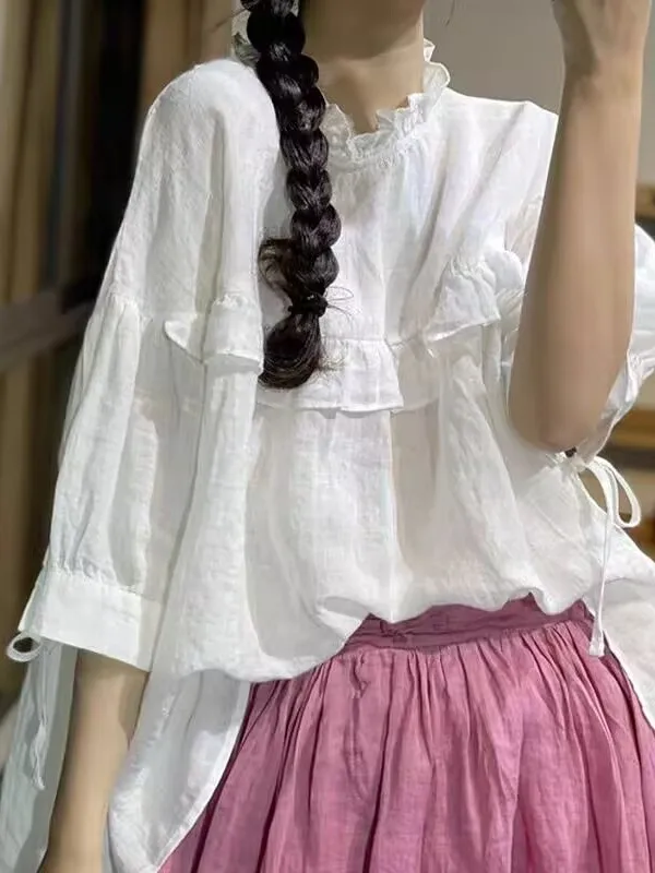 

Artistic Loose Lazy Anti-Aging Versatile Wooden Collar Doll Shirt Women's Top Summer 2026 Thin Seven-Quarter Sleeve