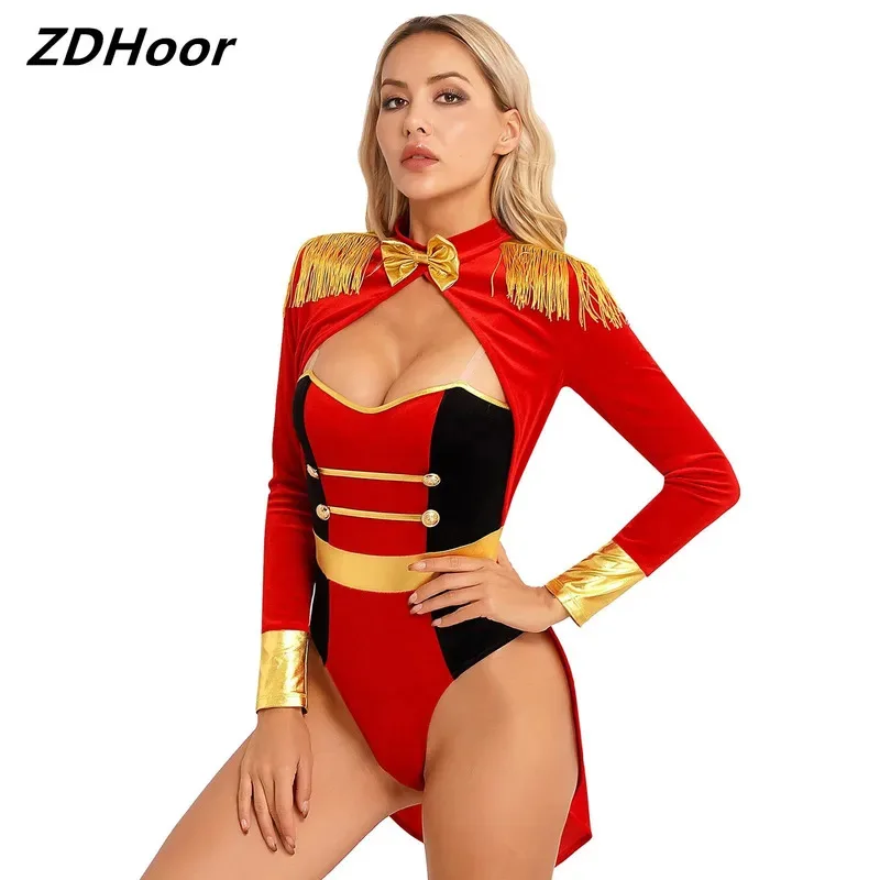 

Women Circus Ringmaster Cosplay Bodysuit Fringe Epaulette Bow Long Sleeve Velvet Halloween Jumpsuit Costumes