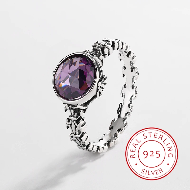 Classic Creative Genuine S925 Silver Amethyst Round Diamond High-end Ring Versatile for Commuting