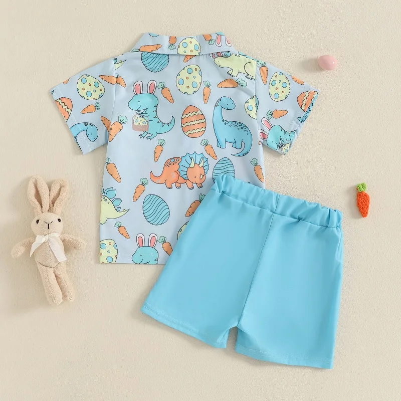 Toddler Baby Boys Easter Outfits Cute Egg Carrot Pattern Turn Down Collar Short Sleeve Shirt with Shorts 2 Pcs Set for Summer